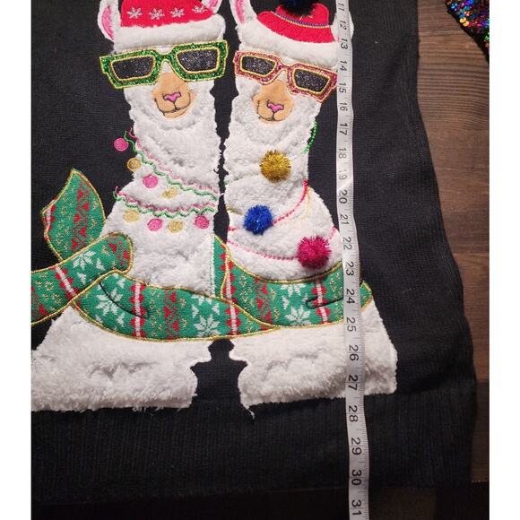33 Degrees Festive Llama Sequins Tunic Pom Pom Ugly Christmas Sweater Small - Picture 5 of 8